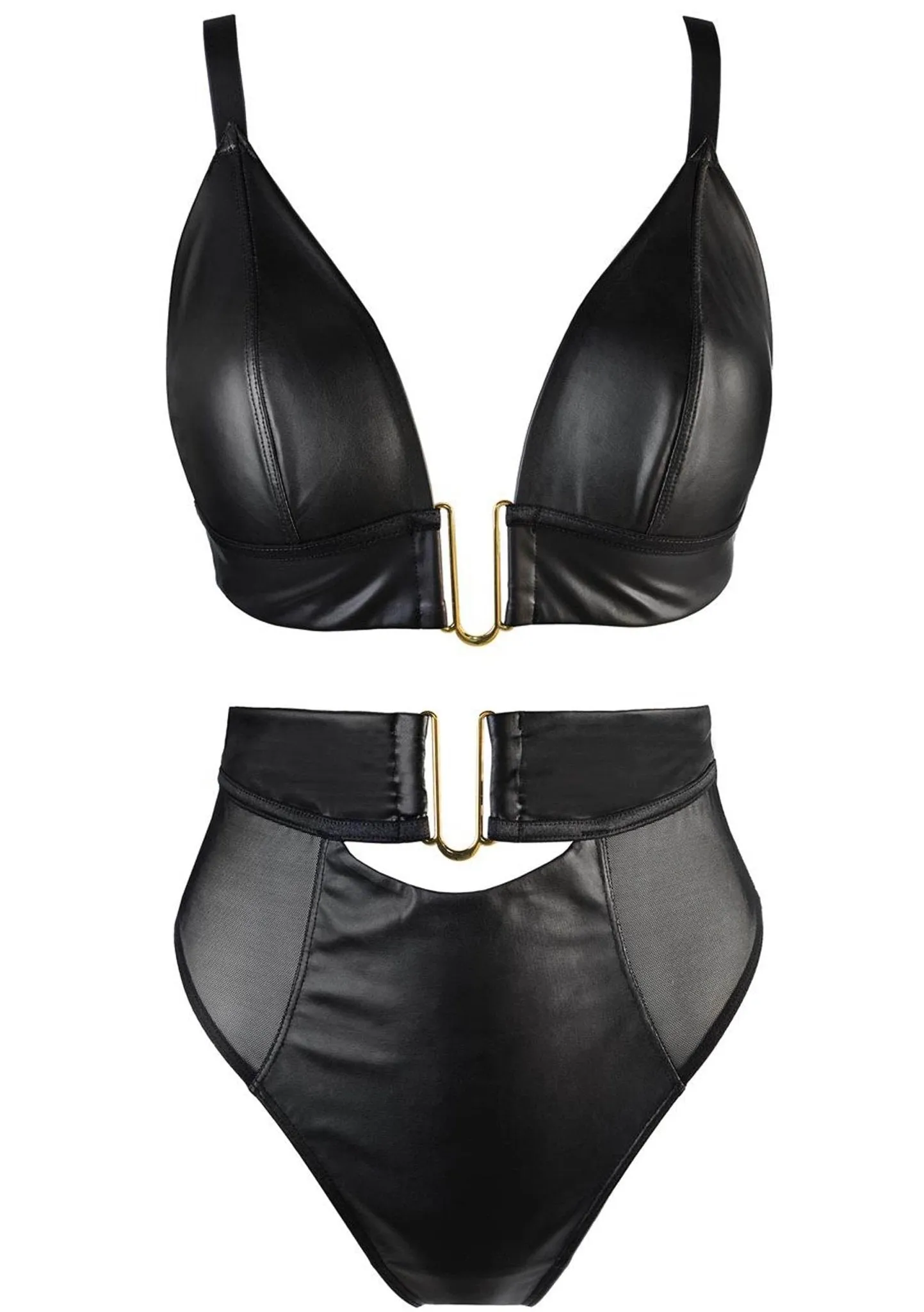 Erotic Black Faux Leather Plunge Bra Set
