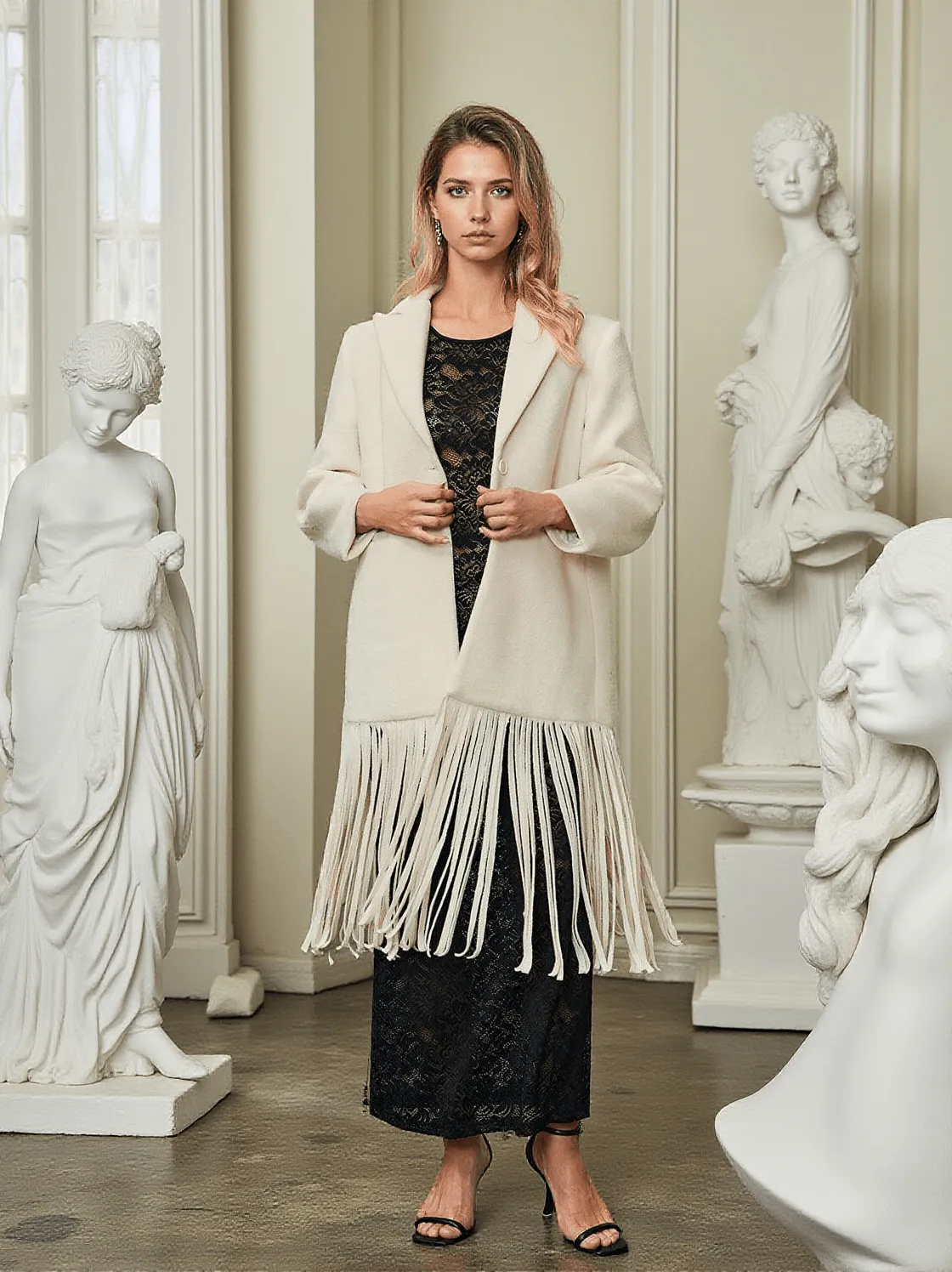 Esclarmonde V Neck Fringe Woolen Coat