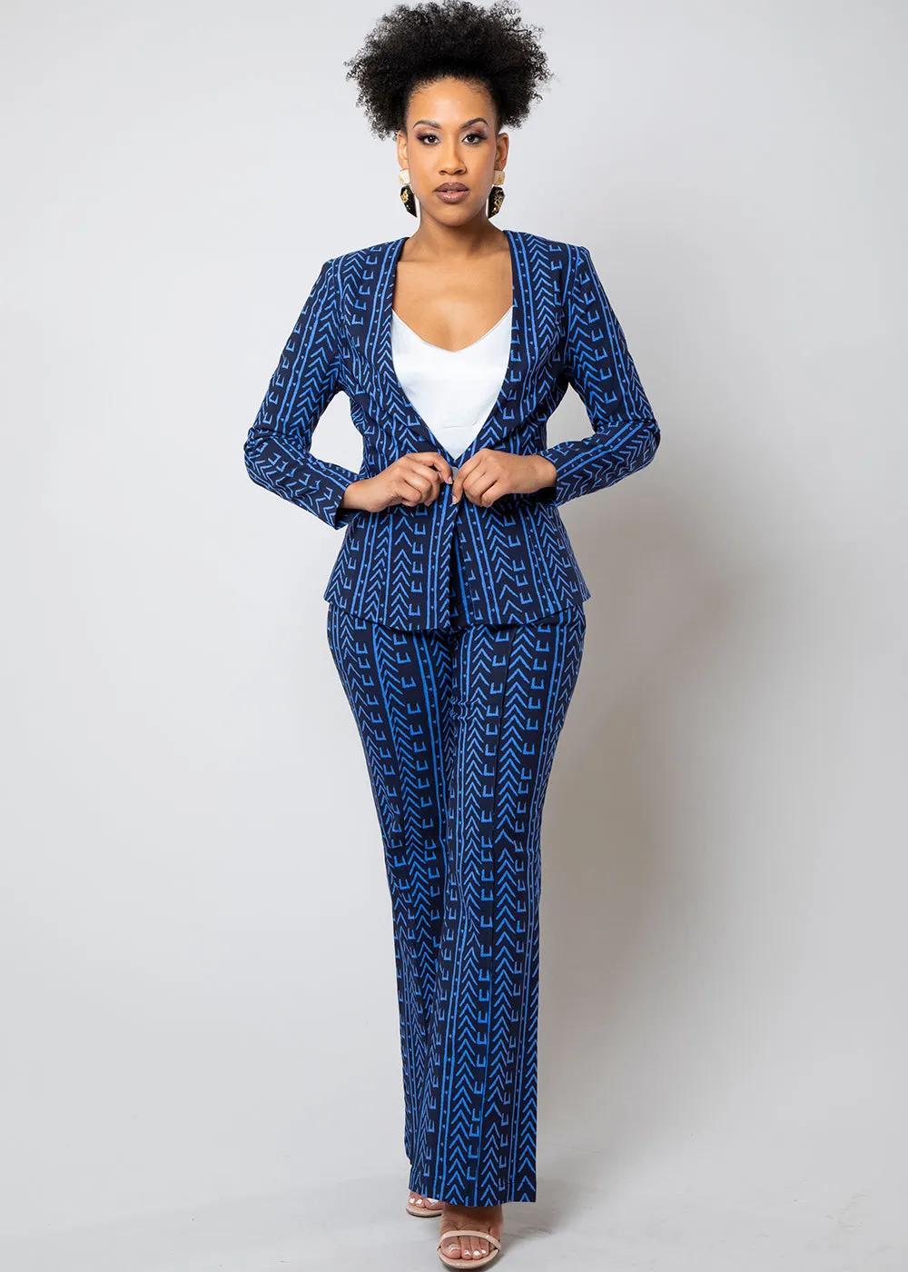 Farjana Women's African Print Stretch Woven Blazer (Blue Navy Mudcloth)