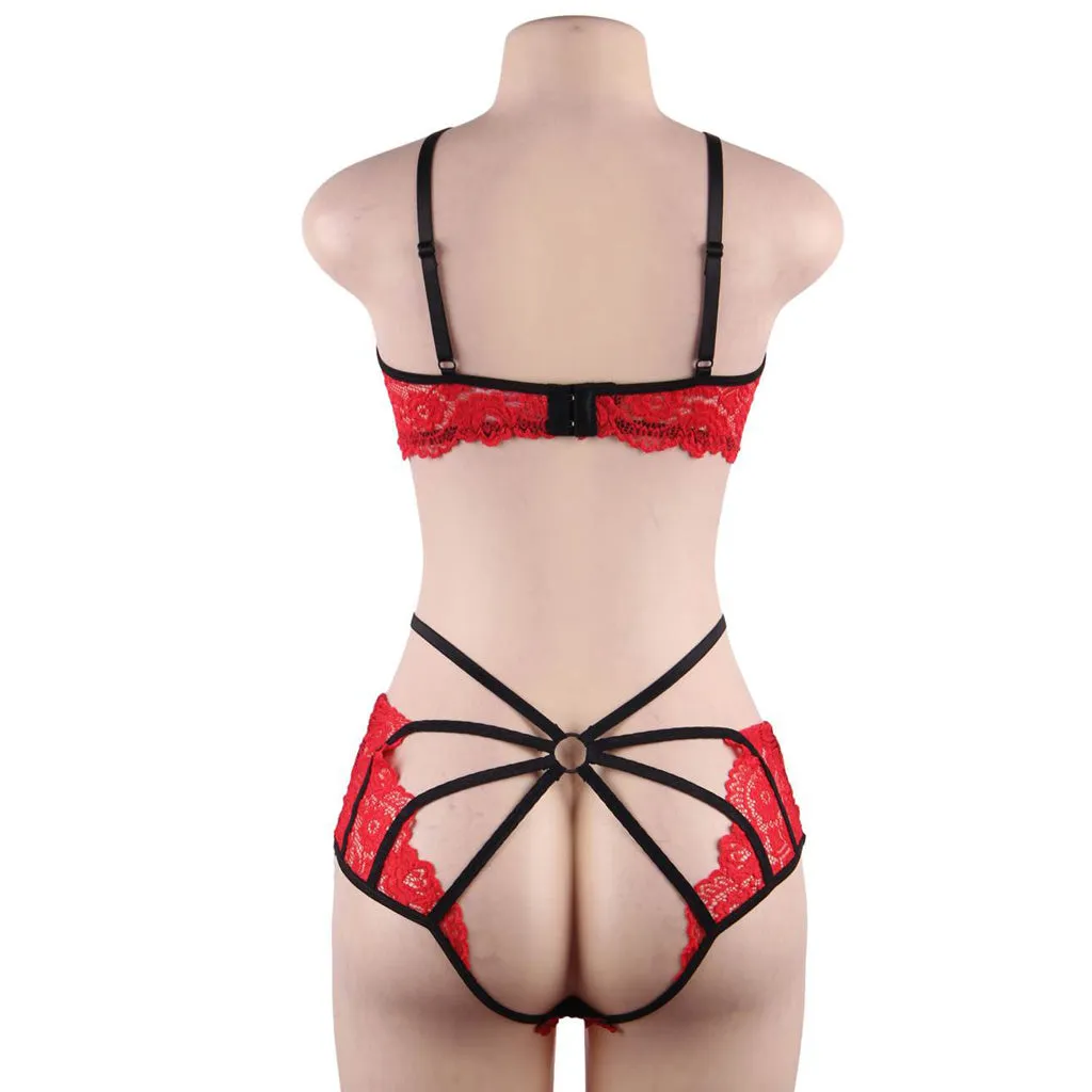 Fashion Sexy Lace Underwire Stitching Cross Straps Sexy Bra Set Egypt