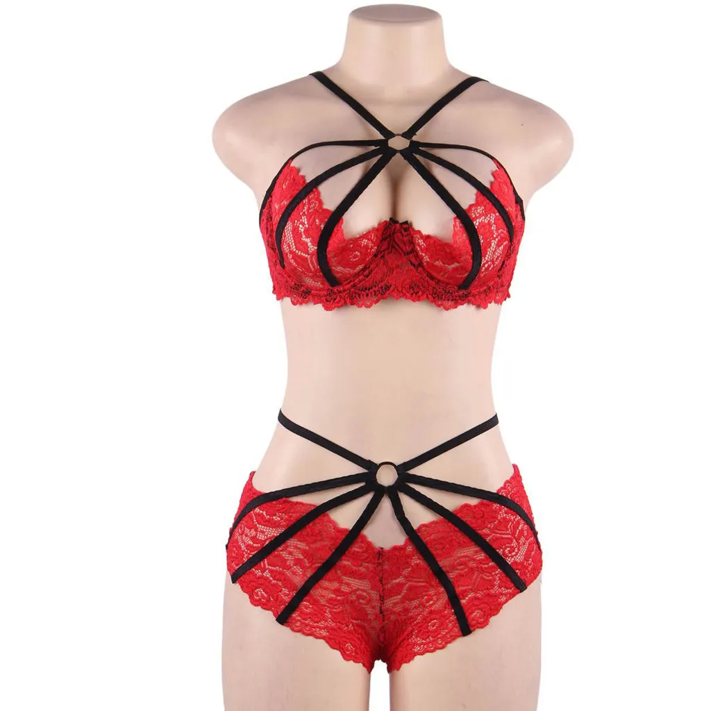 Fashion Sexy Lace Underwire Stitching Cross Straps Sexy Bra Set Egypt