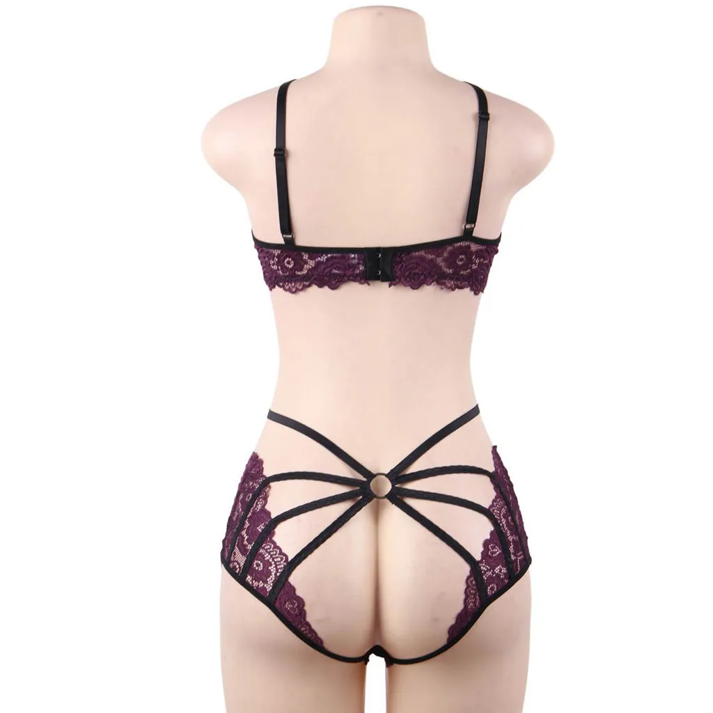 Fashion Sexy Lace Underwire Stitching Cross Straps Sexy Bra Set Egypt