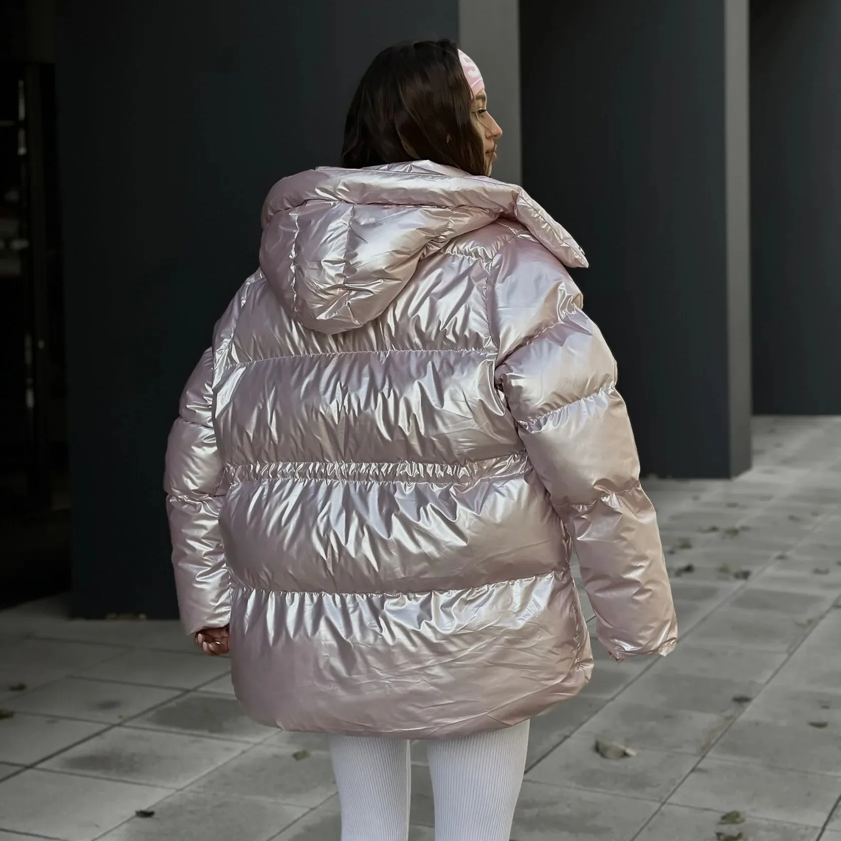 Fashionable Oversized Metallic Satin Puff Jacket for Women