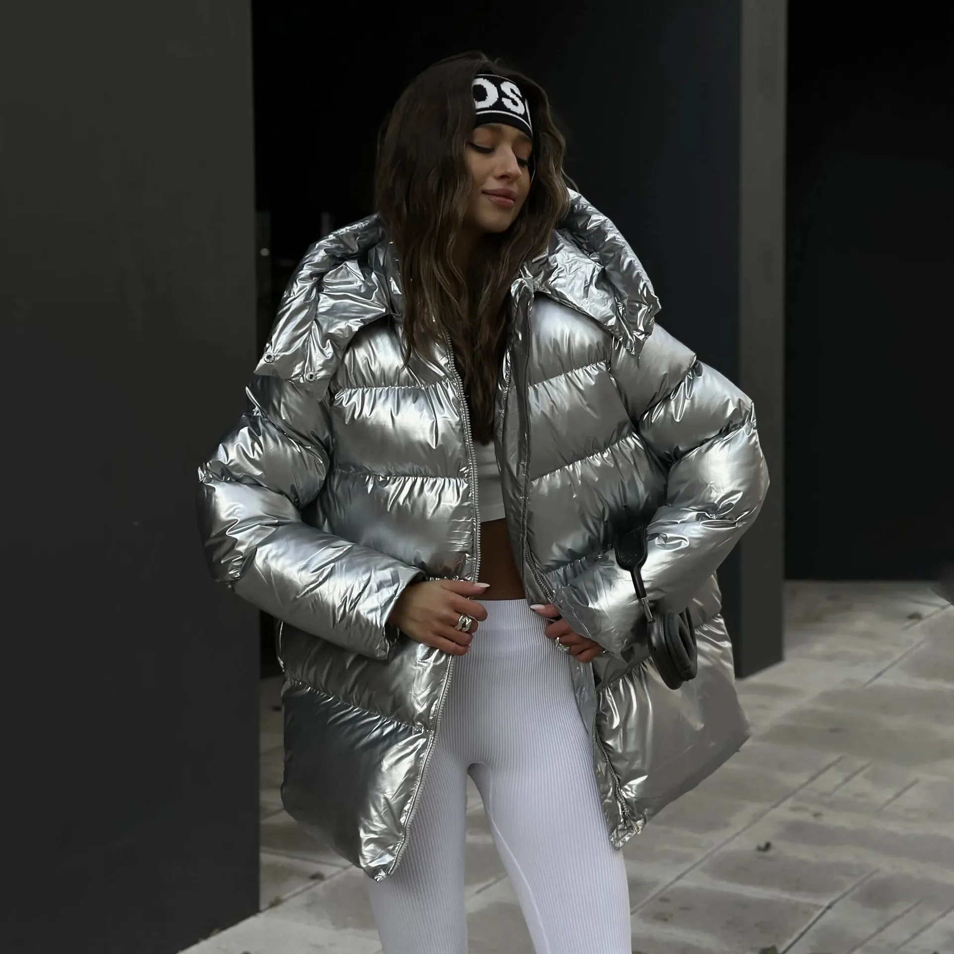 Fashionable Oversized Metallic Satin Puff Jacket for Women