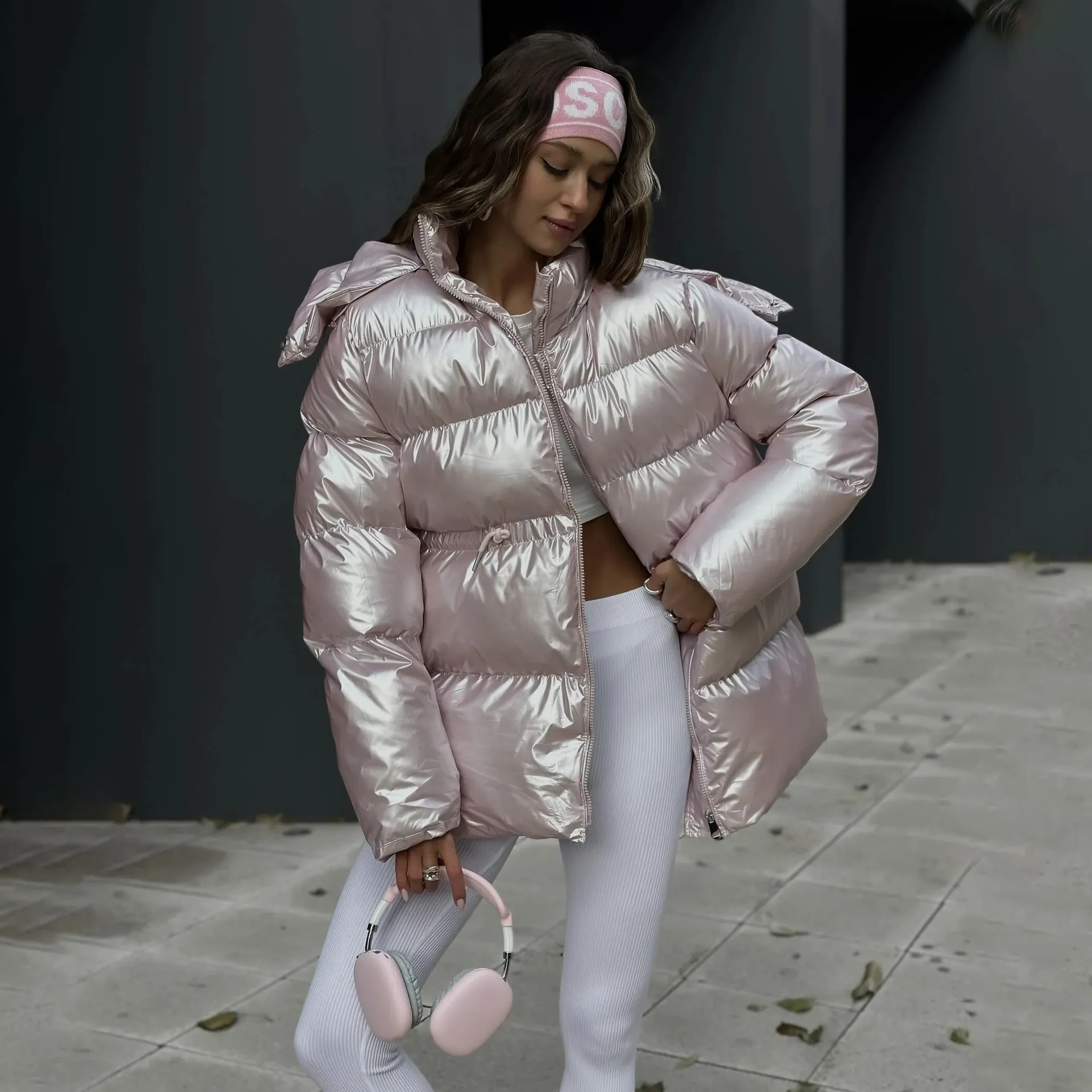 Fashionable Oversized Metallic Satin Puff Jacket for Women