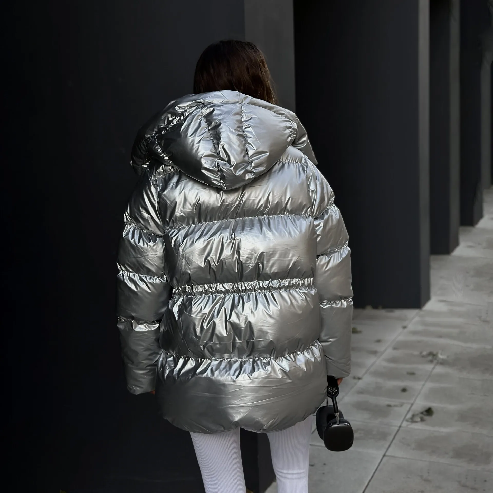 Fashionable Oversized Metallic Satin Puff Jacket for Women