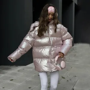 Fashionable Oversized Metallic Satin Puff Jacket for Women