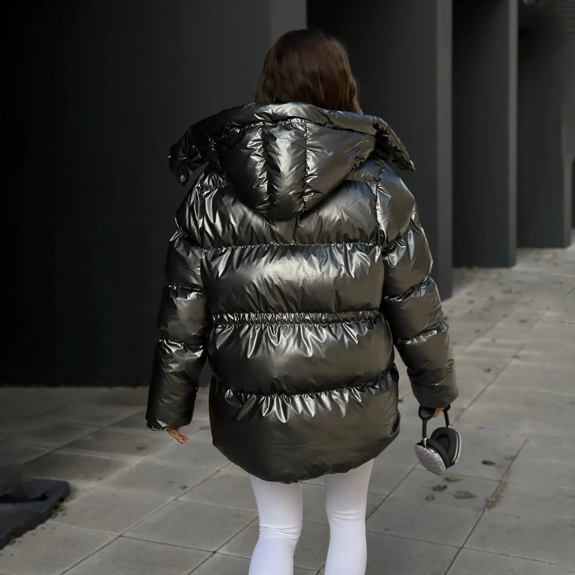 Fashionable Oversized Metallic Satin Puff Jacket for Women