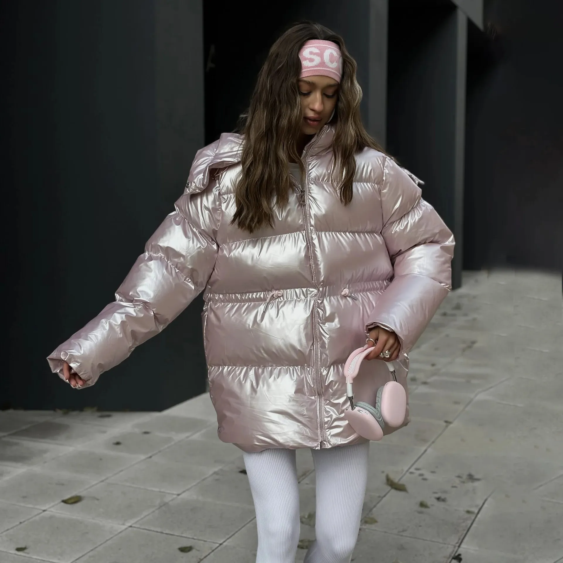 Fashionable Oversized Metallic Satin Puff Jacket for Women