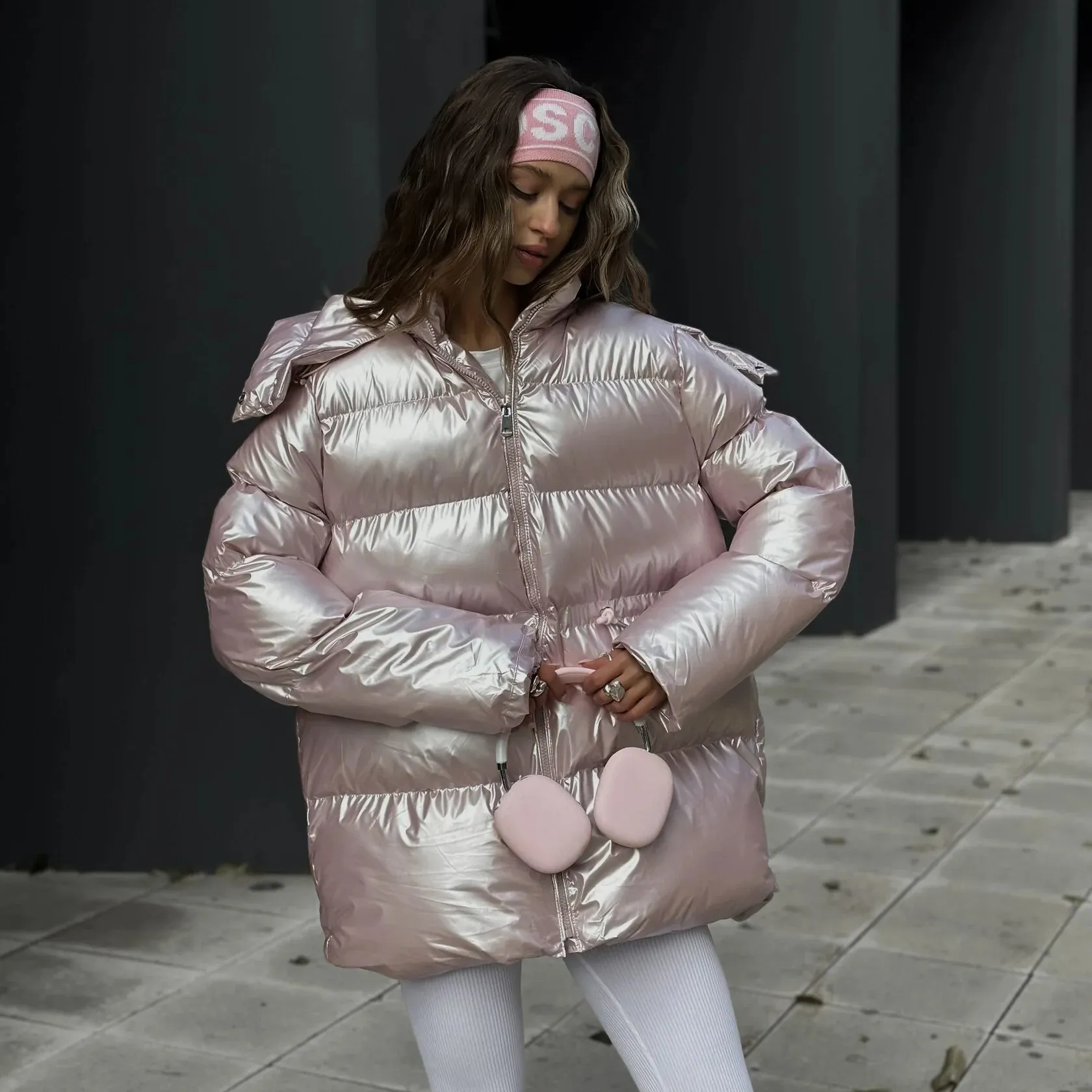 Fashionable Oversized Metallic Satin Puff Jacket for Women