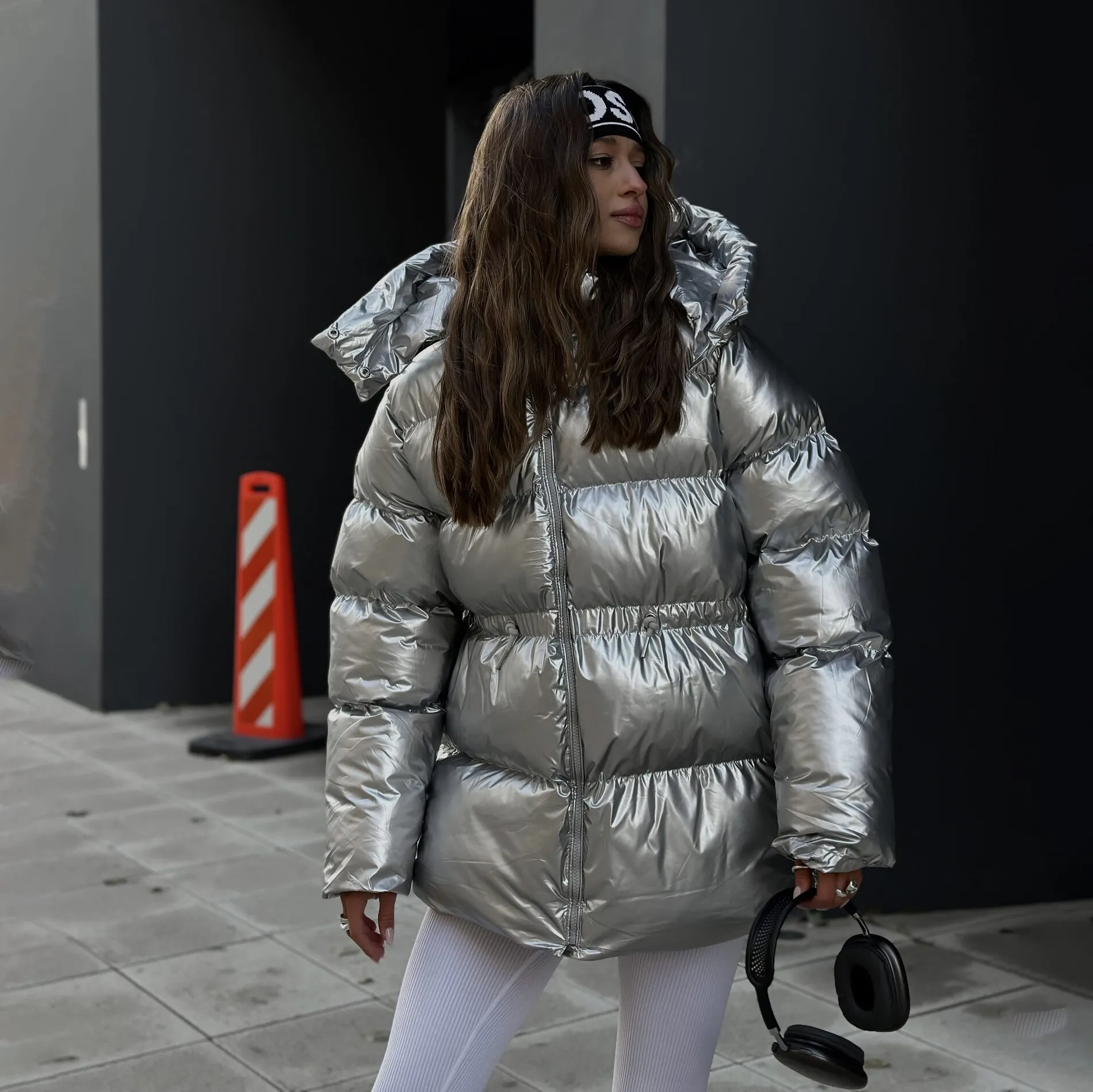 Fashionable Oversized Metallic Satin Puff Jacket for Women