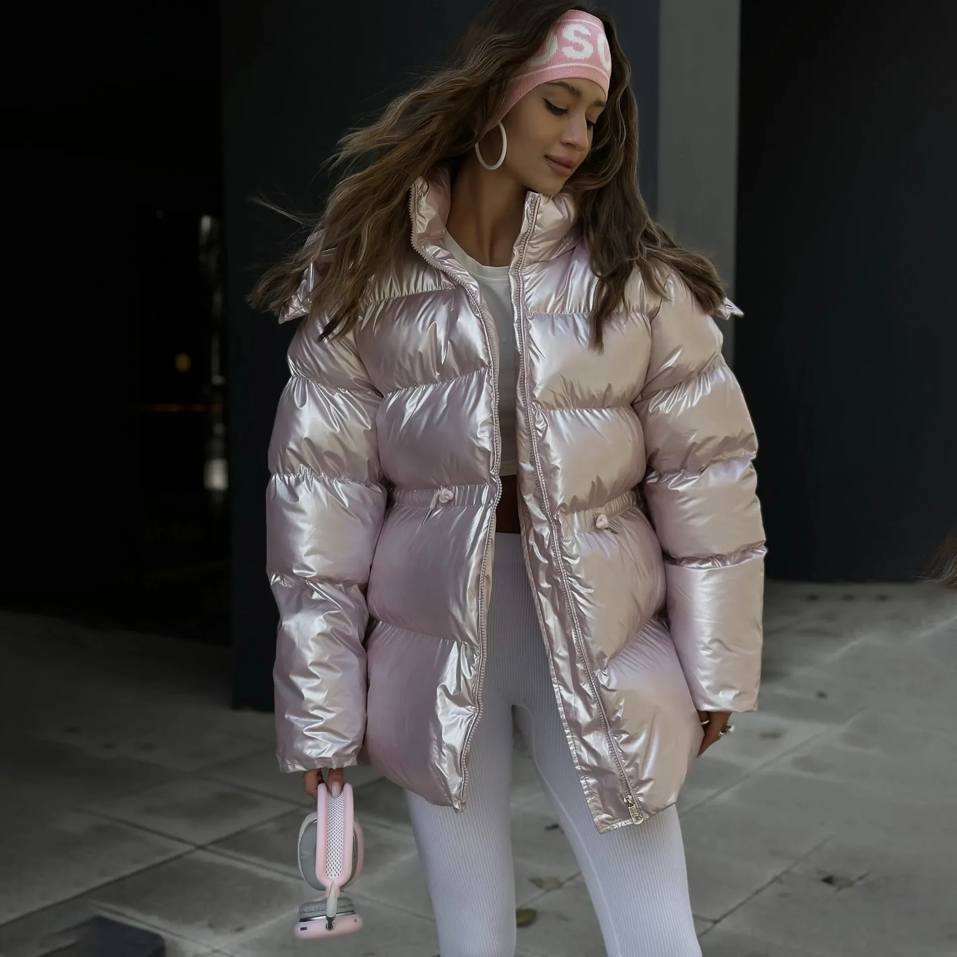 Fashionable Oversized Metallic Satin Puff Jacket for Women