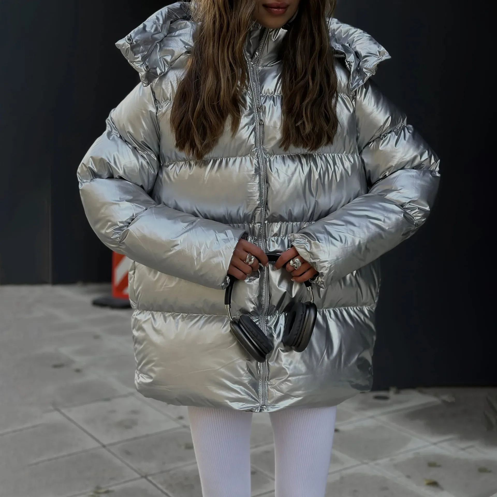 Fashionable Oversized Metallic Satin Puff Jacket for Women