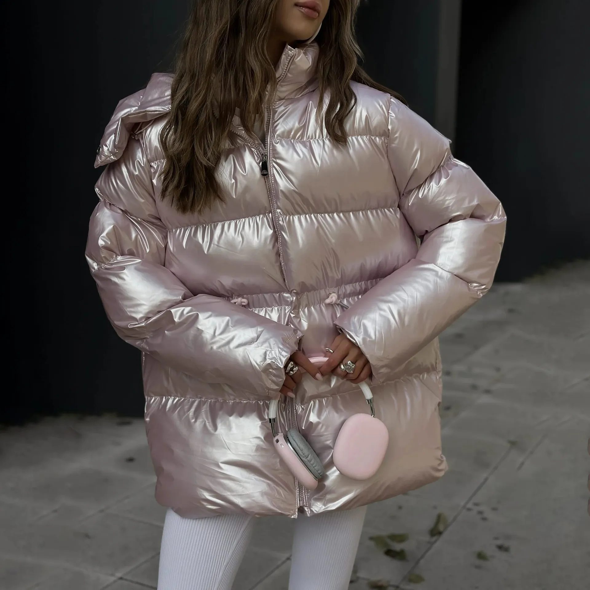 Fashionable Oversized Metallic Satin Puff Jacket for Women