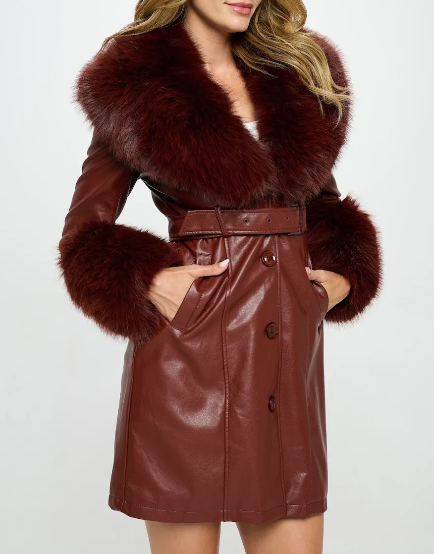 Faux Fur Collar Vegan Leather Long Coat
