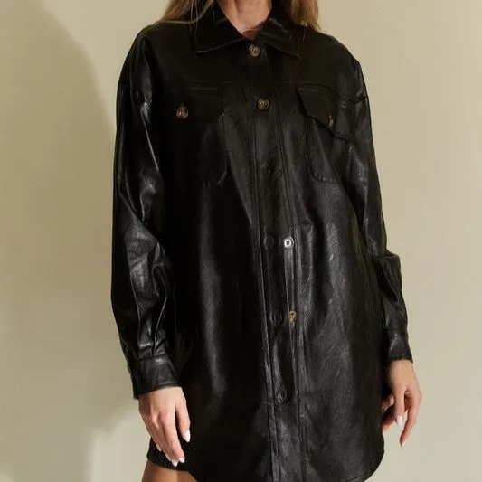 Faux Leather Button Up Jacket with Chest Pockets