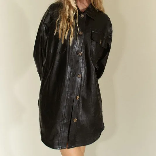 Faux Leather Button Up Jacket with Chest Pockets