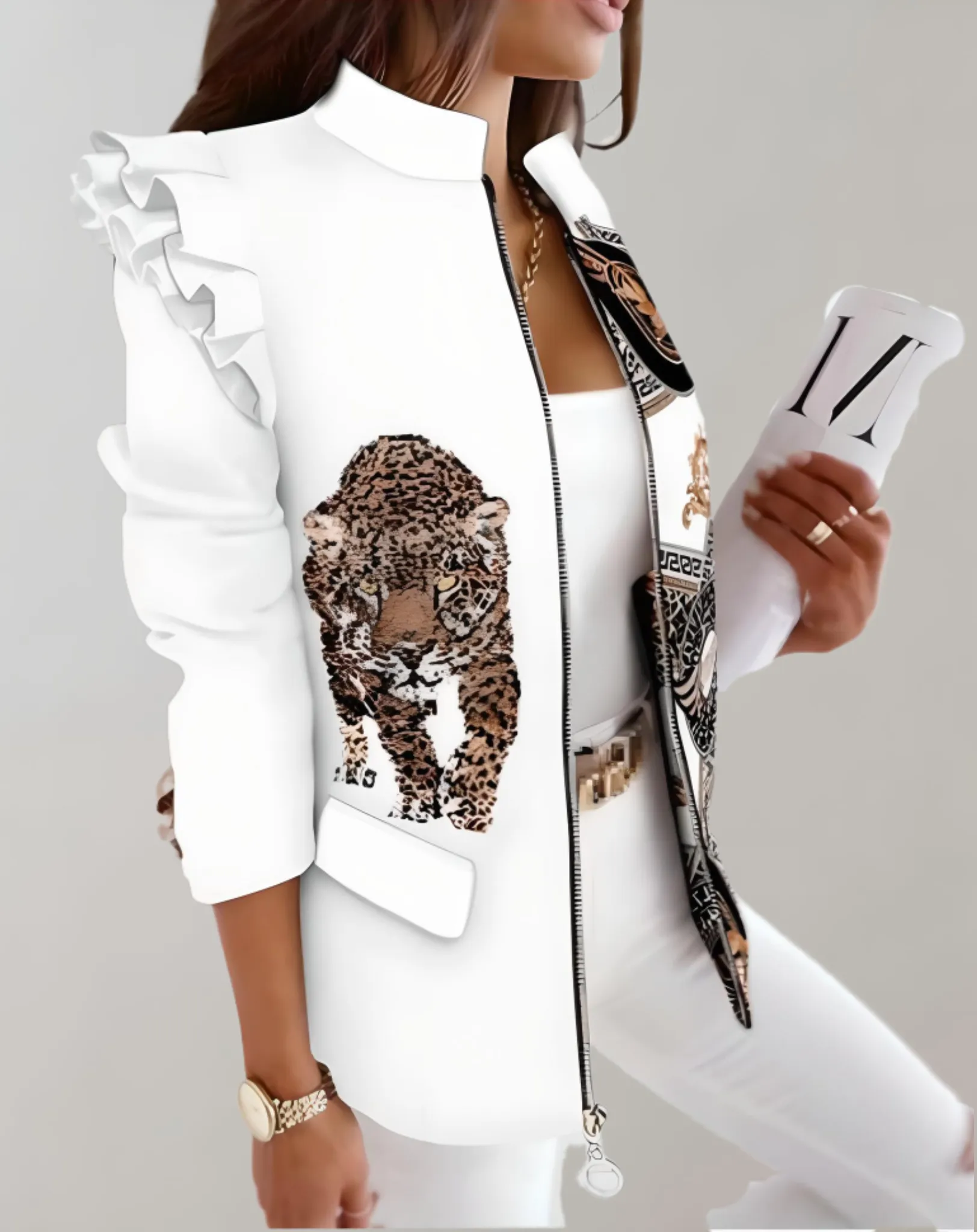 Felize - Refined long coat with epaulets and prints