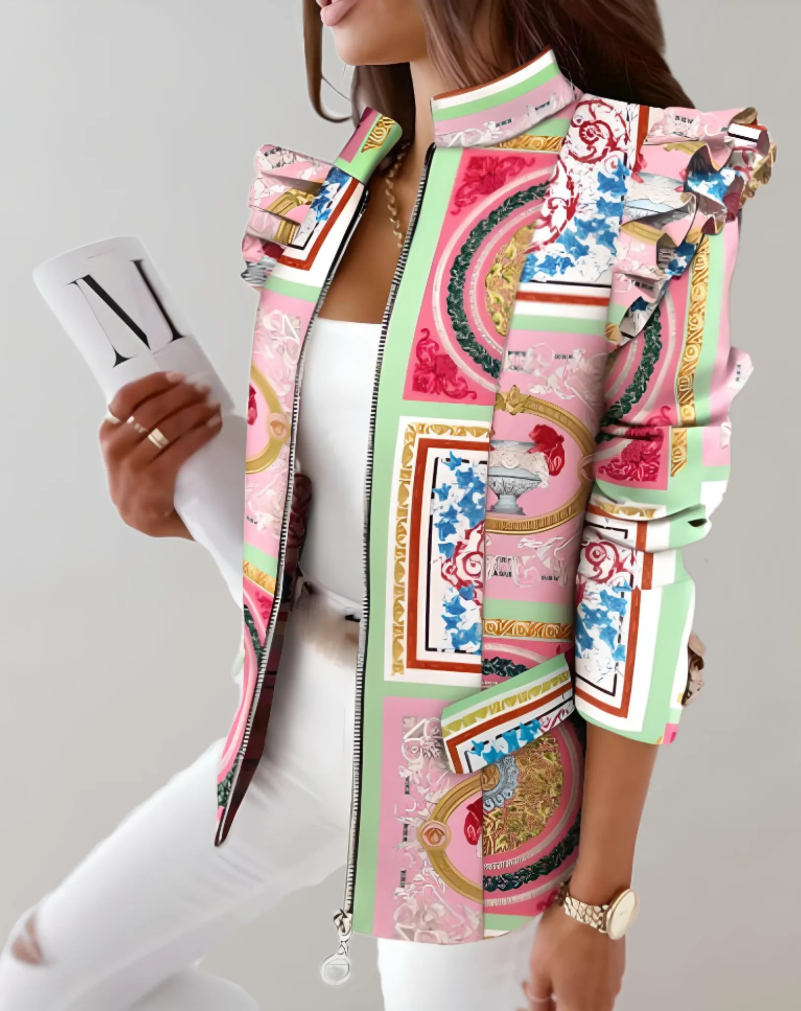 Felize - Refined long coat with epaulets and prints