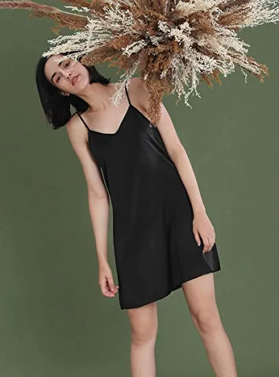 Femofit Satin Nightgowns for Women Silky Satin Full Slip Sleepshirt 2 Pack - Black & Wine red, Sz M