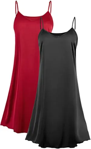 Femofit Satin Nightgowns for Women Silky Satin Full Slip Sleepshirt 2 Pack - Black & Wine red, Sz M