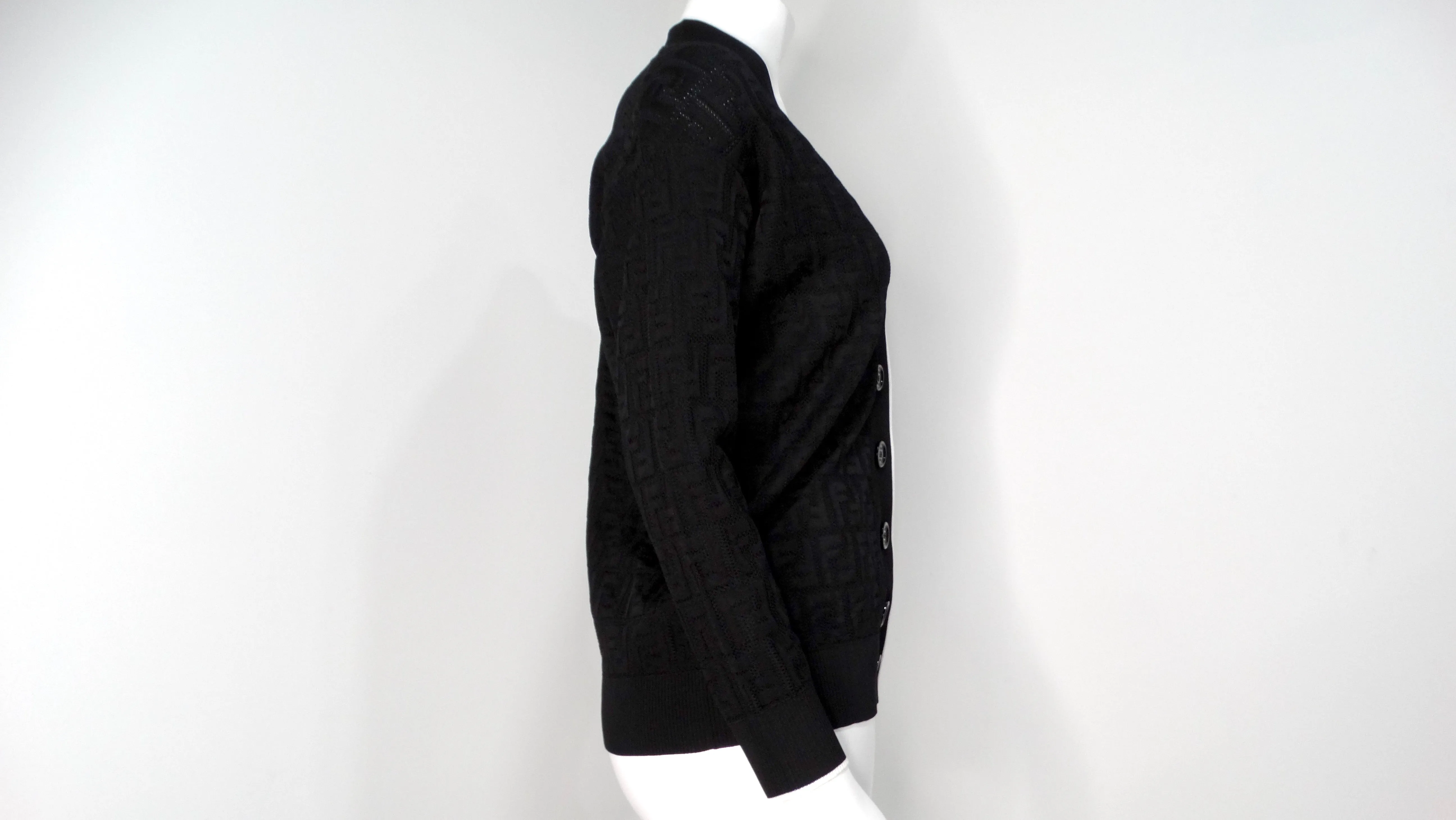 Fendi Black Zucca Monogram Button-Down Cardigan With White Lining