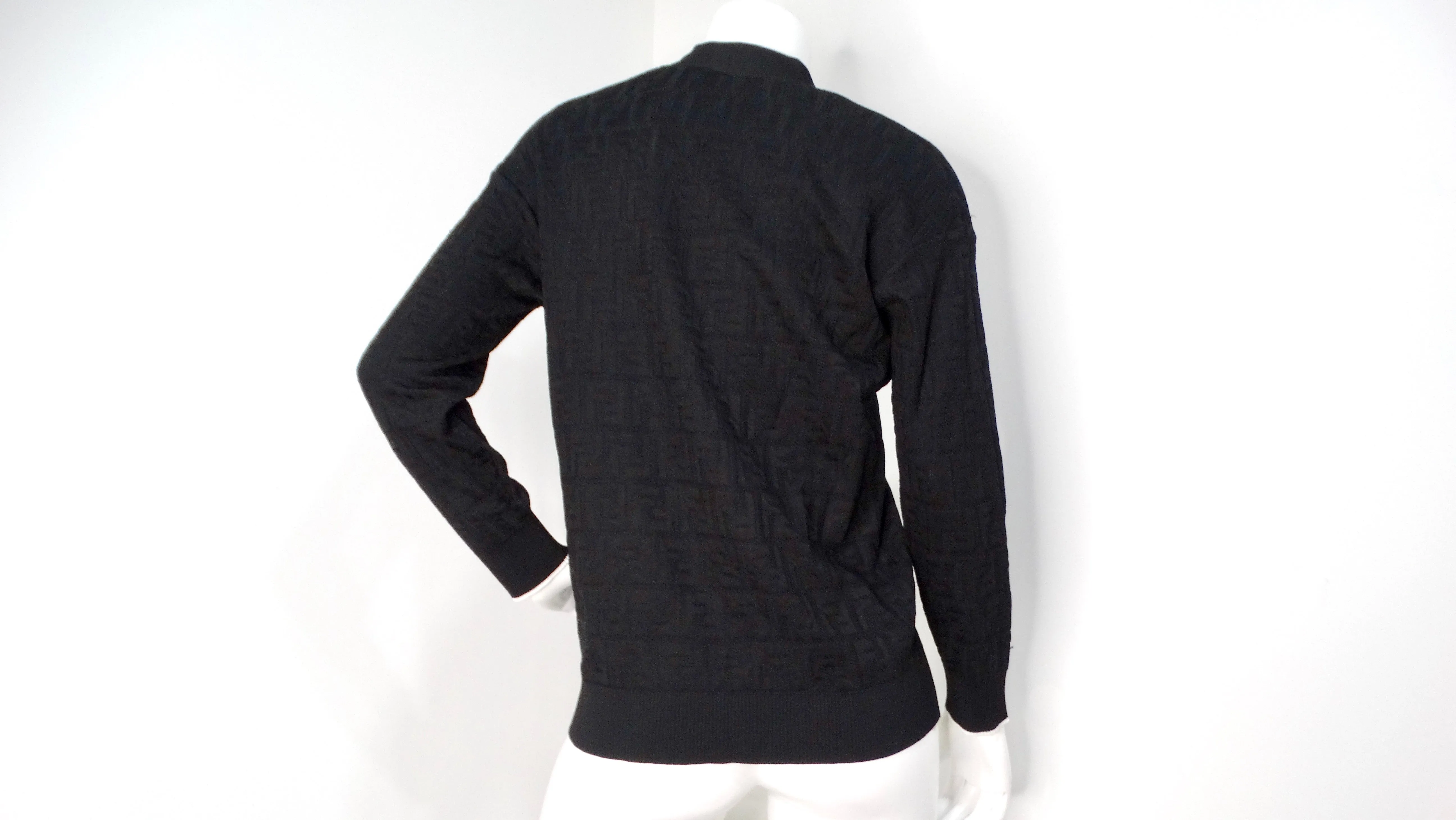 Fendi Black Zucca Monogram Button-Down Cardigan With White Lining