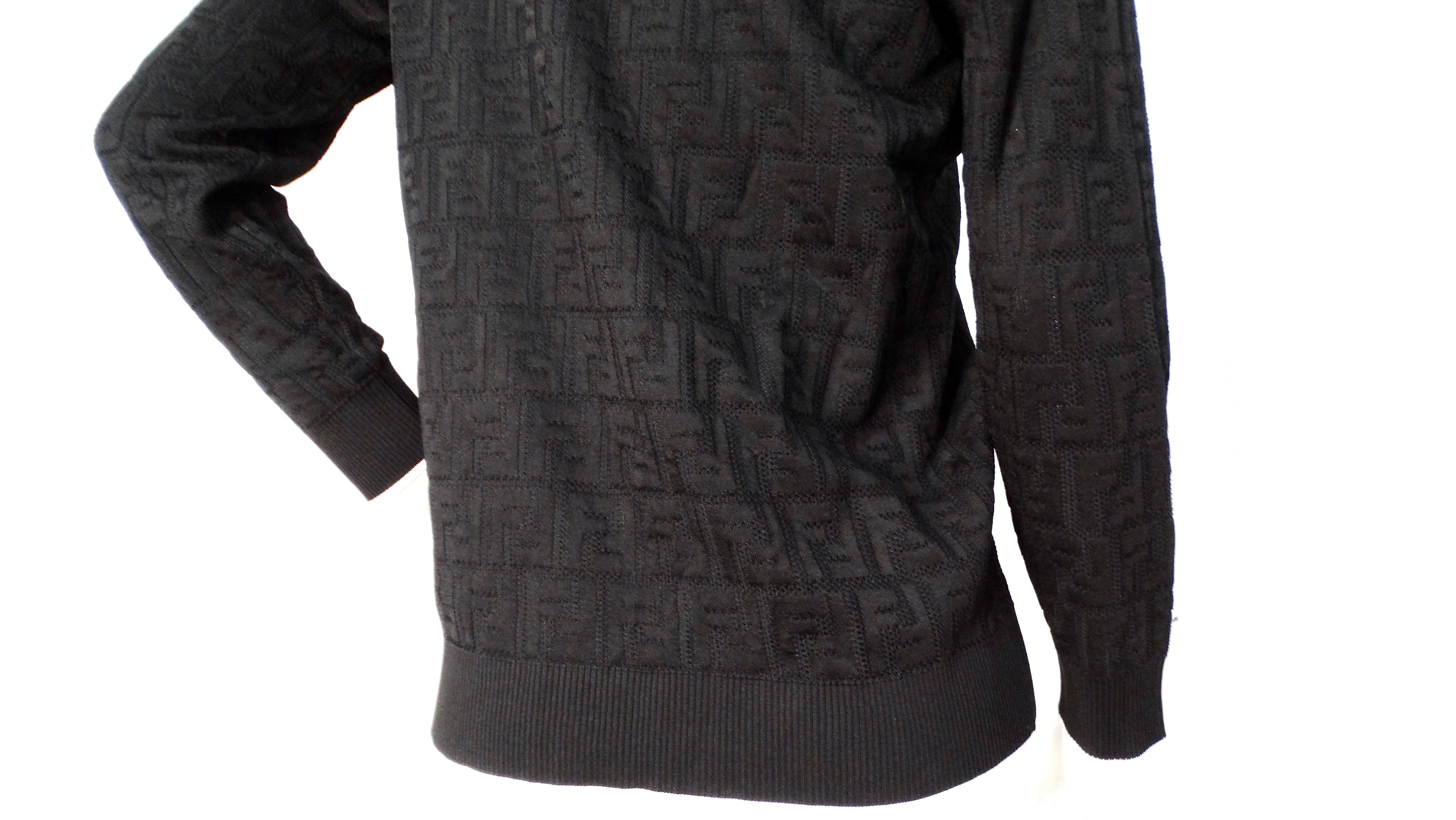 Fendi Black Zucca Monogram Button-Down Cardigan With White Lining