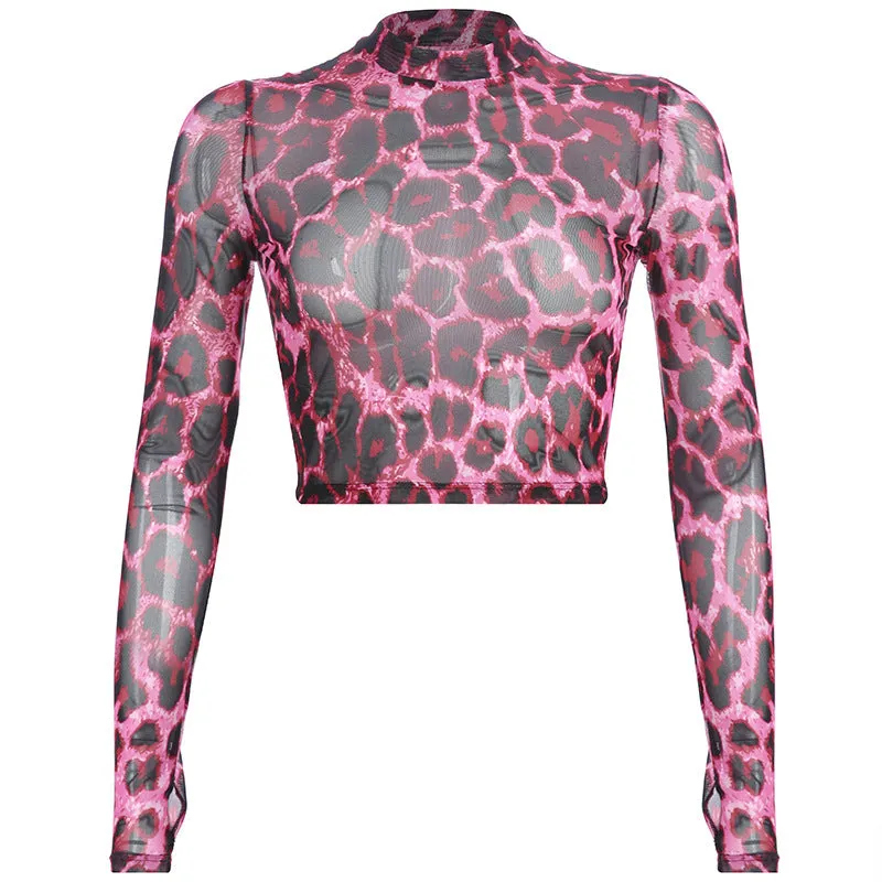 Fierce Pink Leopard Mesh Long Sleeve Crop Top