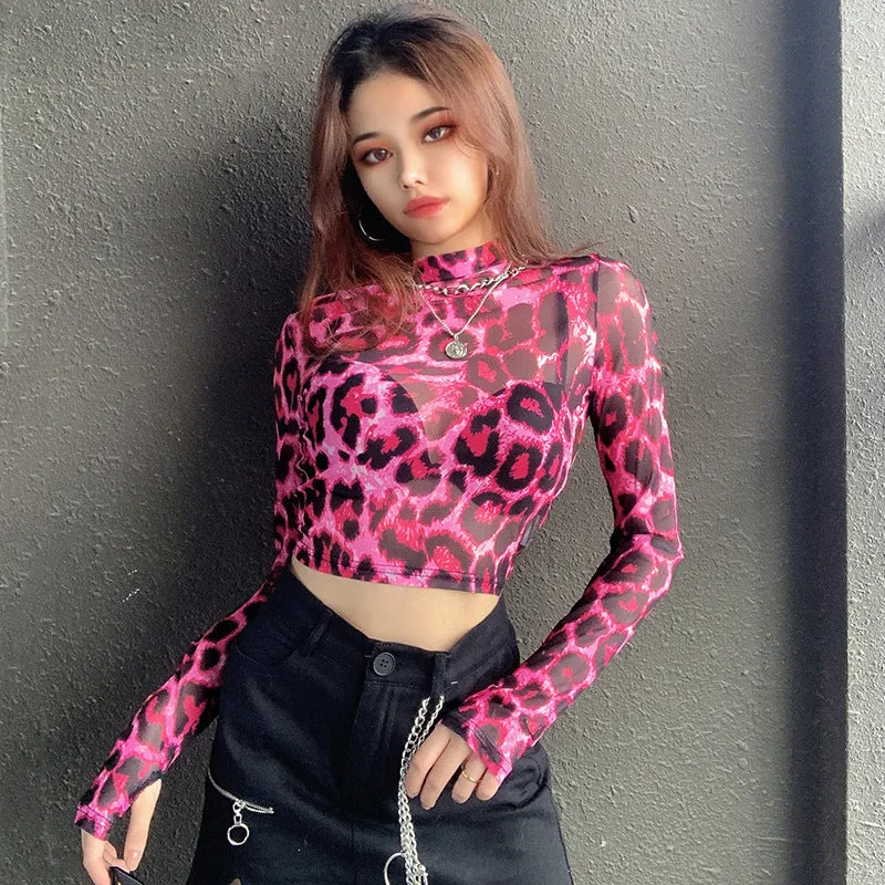 Fierce Pink Leopard Mesh Long Sleeve Crop Top