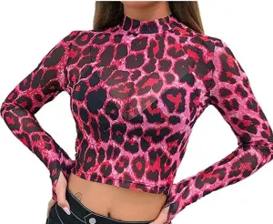 Fierce Pink Leopard Mesh Long Sleeve Crop Top