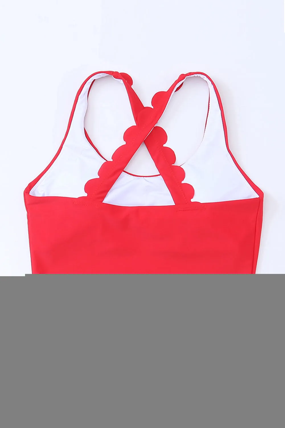 Fiery Red Scalloped Crossed Straps Cropped Bikini Top