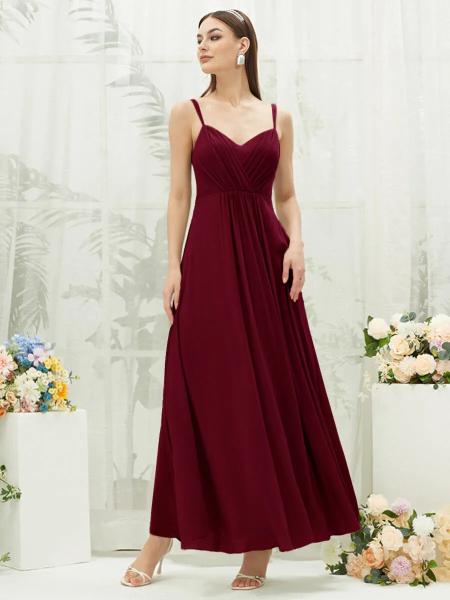 [Final Sale] Burgundy Adjustable Straps Multi Way Open V Back Lace Applique Bridesmaid Dress