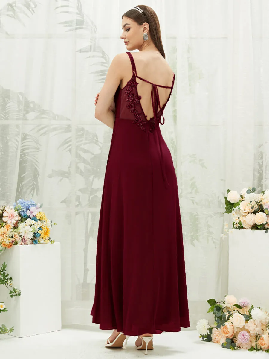 [Final Sale] Burgundy Adjustable Straps Multi Way Open V Back Lace Applique Bridesmaid Dress