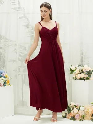 [Final Sale] Burgundy Adjustable Straps Multi Way Open V Back Lace Applique Bridesmaid Dress