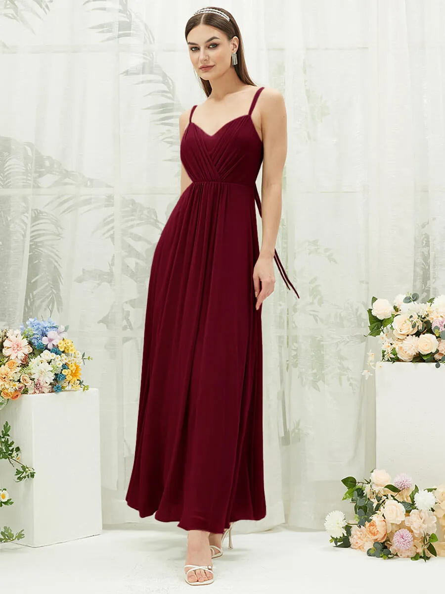 [Final Sale] Burgundy Adjustable Straps Multi Way Open V Back Lace Applique Bridesmaid Dress