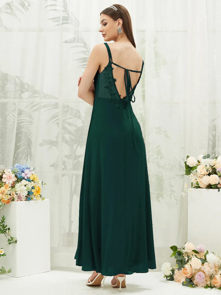 [Final Sale] Emerald Green Adjustable Straps Multi Way Open V Back Lace Applique Bridesmaid Dress