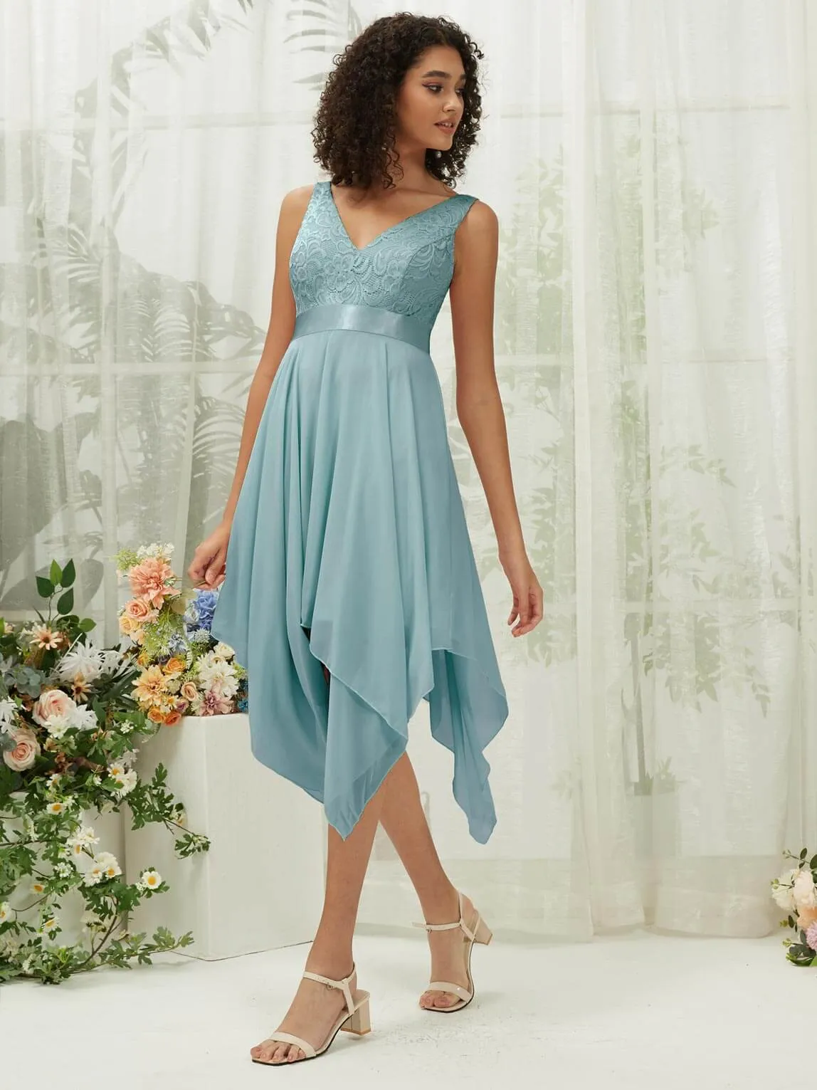 [Final Sale] Moody Blue Lace V-Neck Sleeveless Midi Length Chiffon Flowy Bridesmaid Dresses