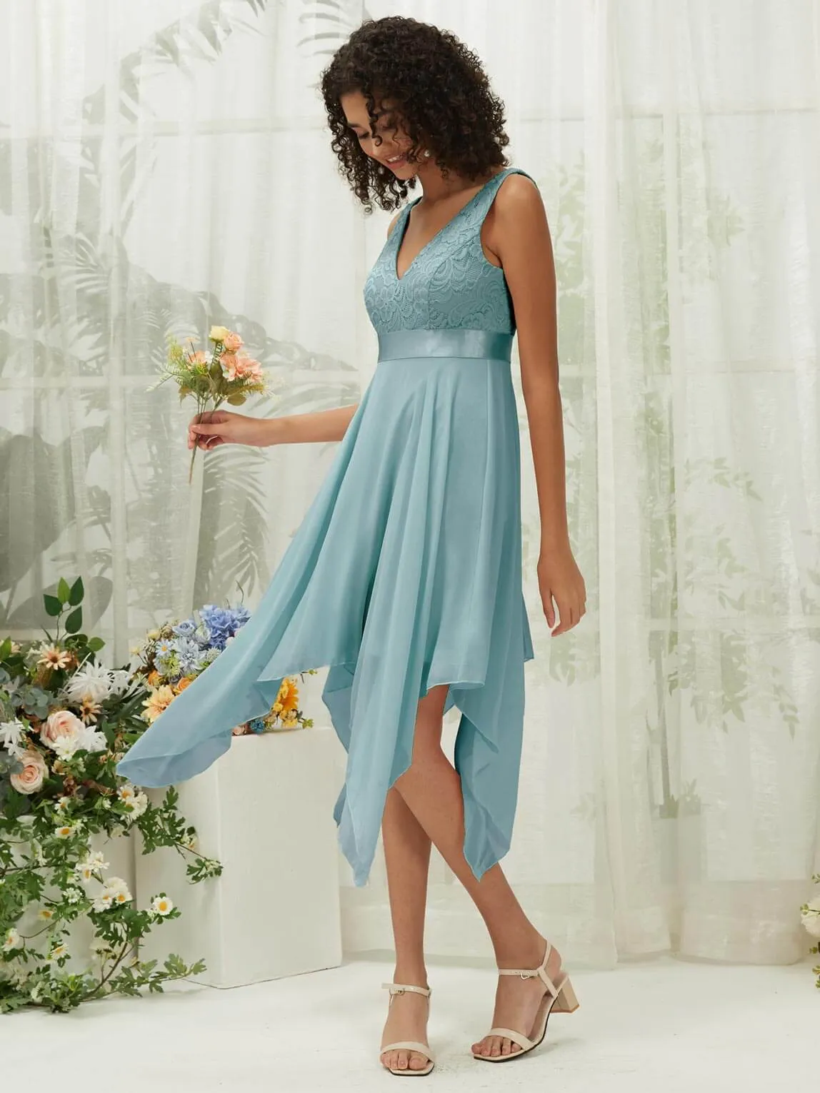 [Final Sale] Moody Blue Lace V-Neck Sleeveless Midi Length Chiffon Flowy Bridesmaid Dresses