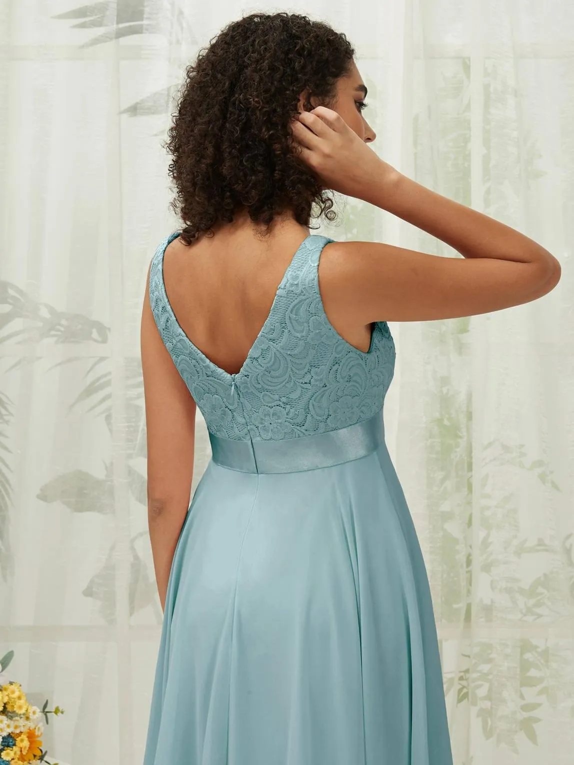 [Final Sale] Moody Blue Lace V-Neck Sleeveless Midi Length Chiffon Flowy Bridesmaid Dresses