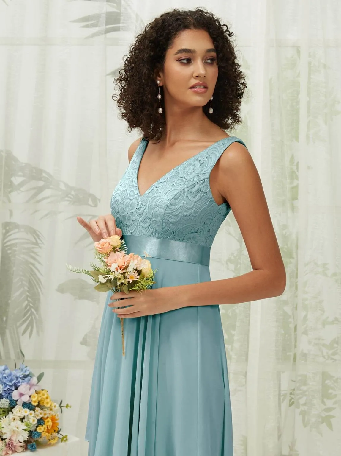 [Final Sale] Moody Blue Lace V-Neck Sleeveless Midi Length Chiffon Flowy Bridesmaid Dresses