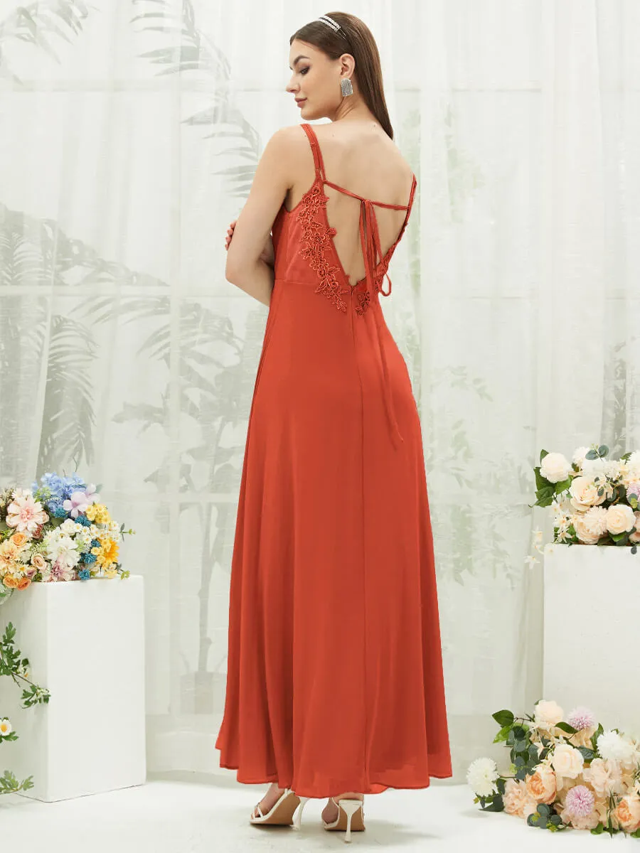 [Final Sale] Terracotta Adjustable Straps Multi Way Open V Back Lace Applique Bridesmaid Dress