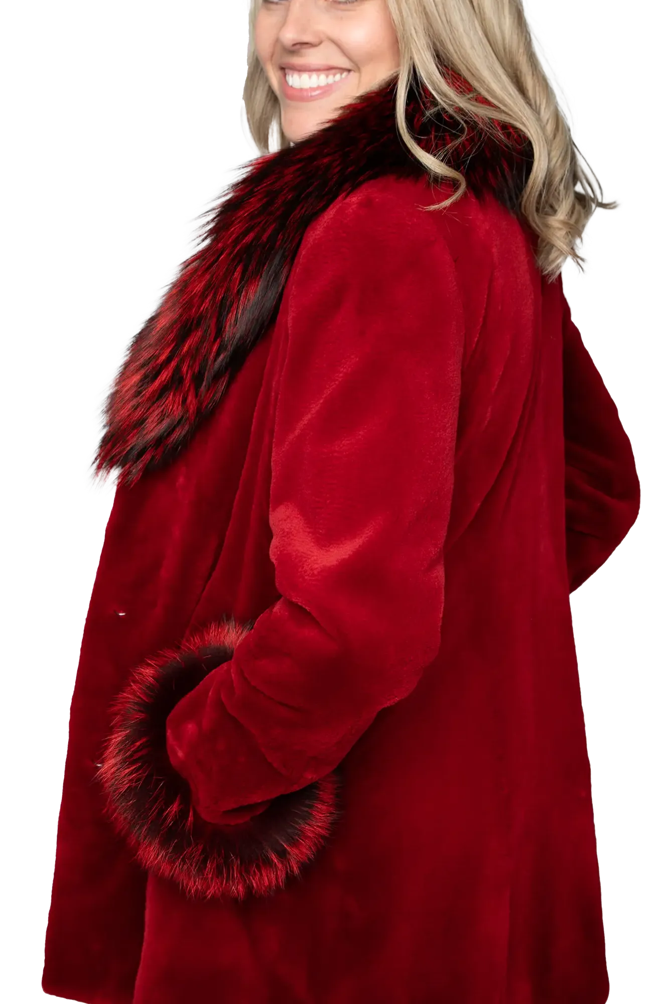 Fire Engine Red Sheared Mink Stroller w/ Dyed Fox Trim and Cuffs