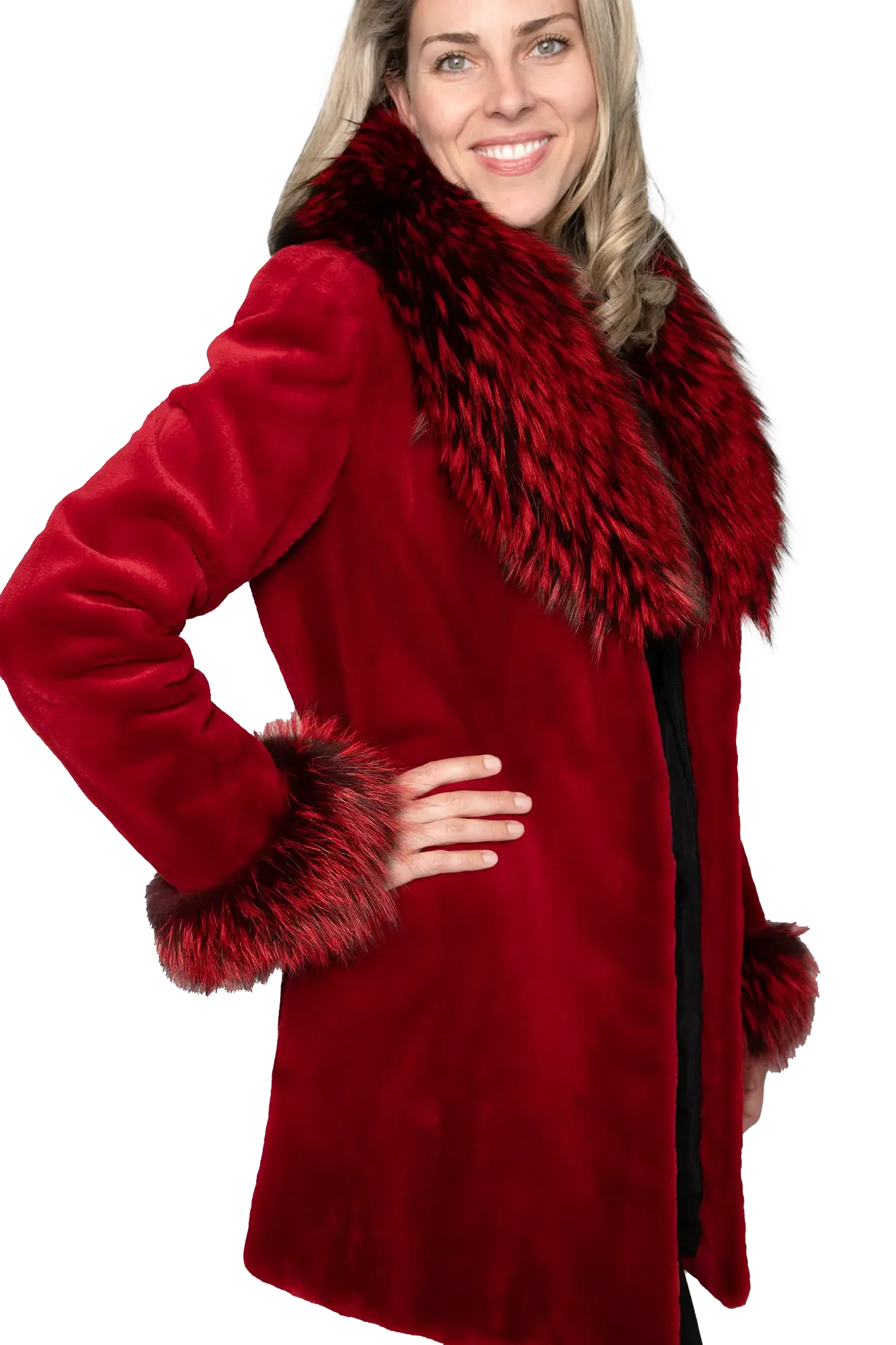 Fire Engine Red Sheared Mink Stroller w/ Dyed Fox Trim and Cuffs