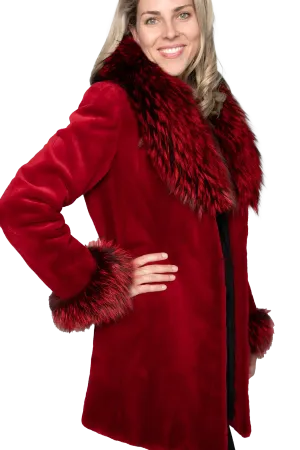 Fire Engine Red Sheared Mink Stroller w/ Dyed Fox Trim and Cuffs