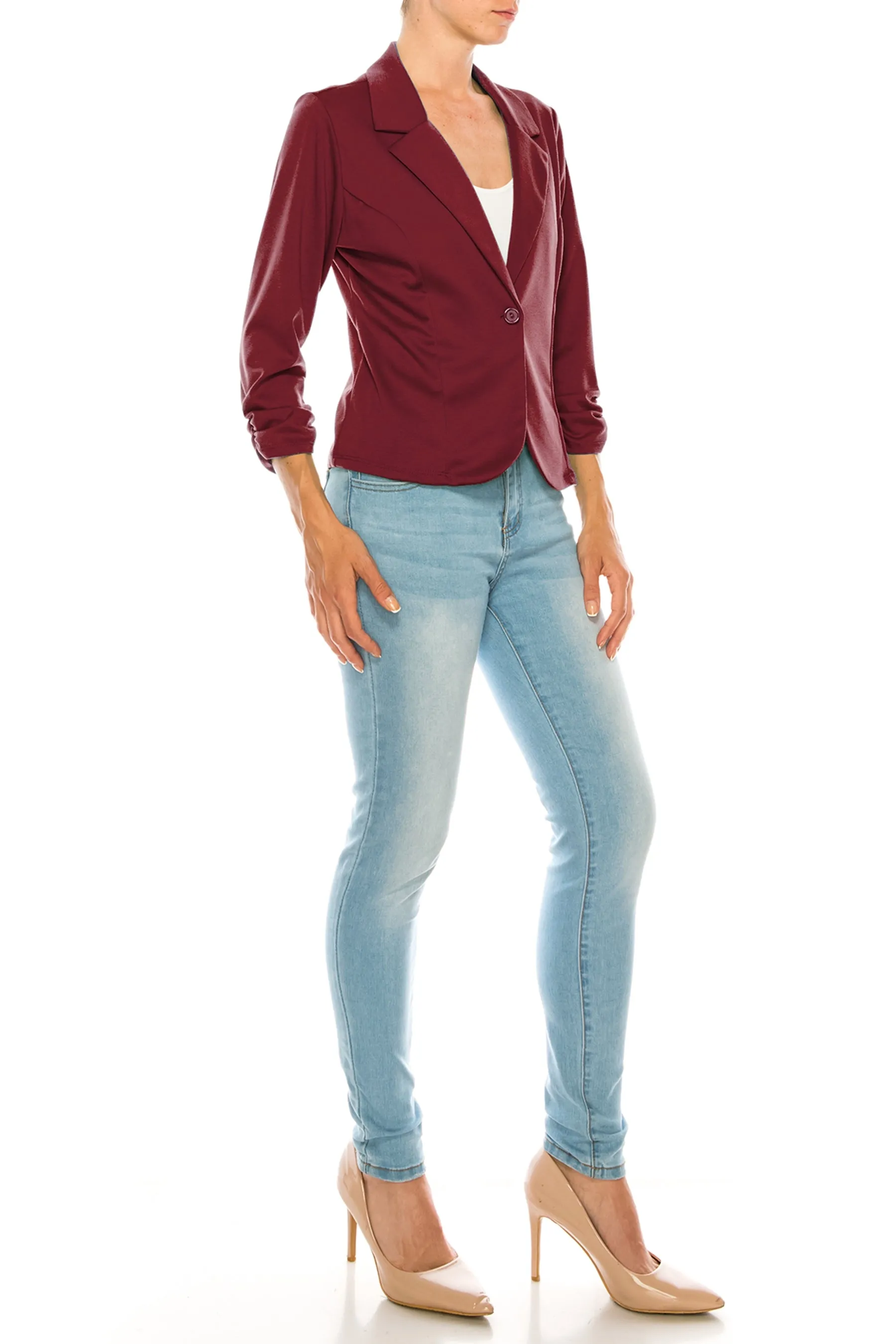 Fitted Solid Blazer with Button Closure and Ruched Sleeves V712 $11Each