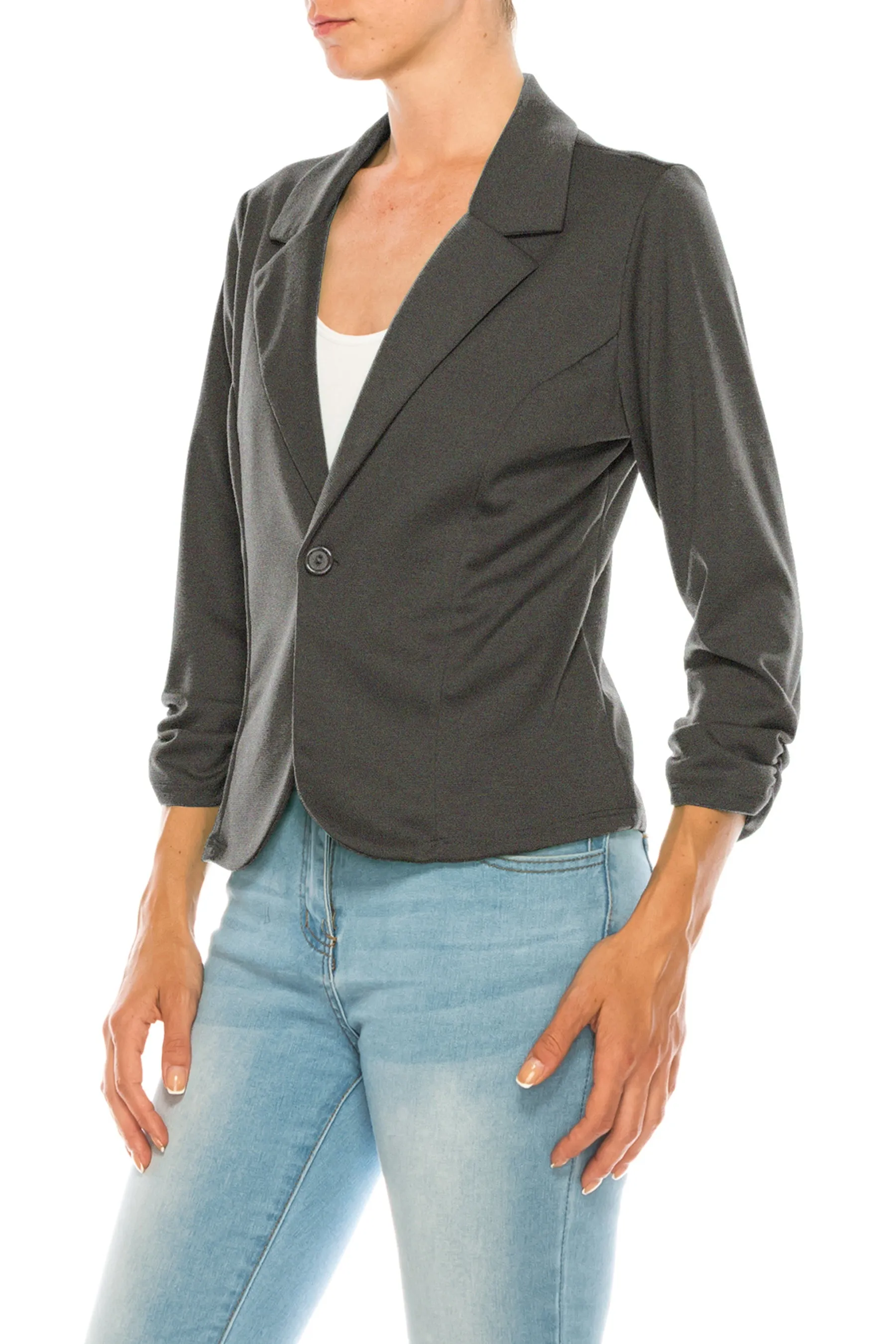 Fitted Solid Blazer with Button Closure and Ruched Sleeves V712 $11Each