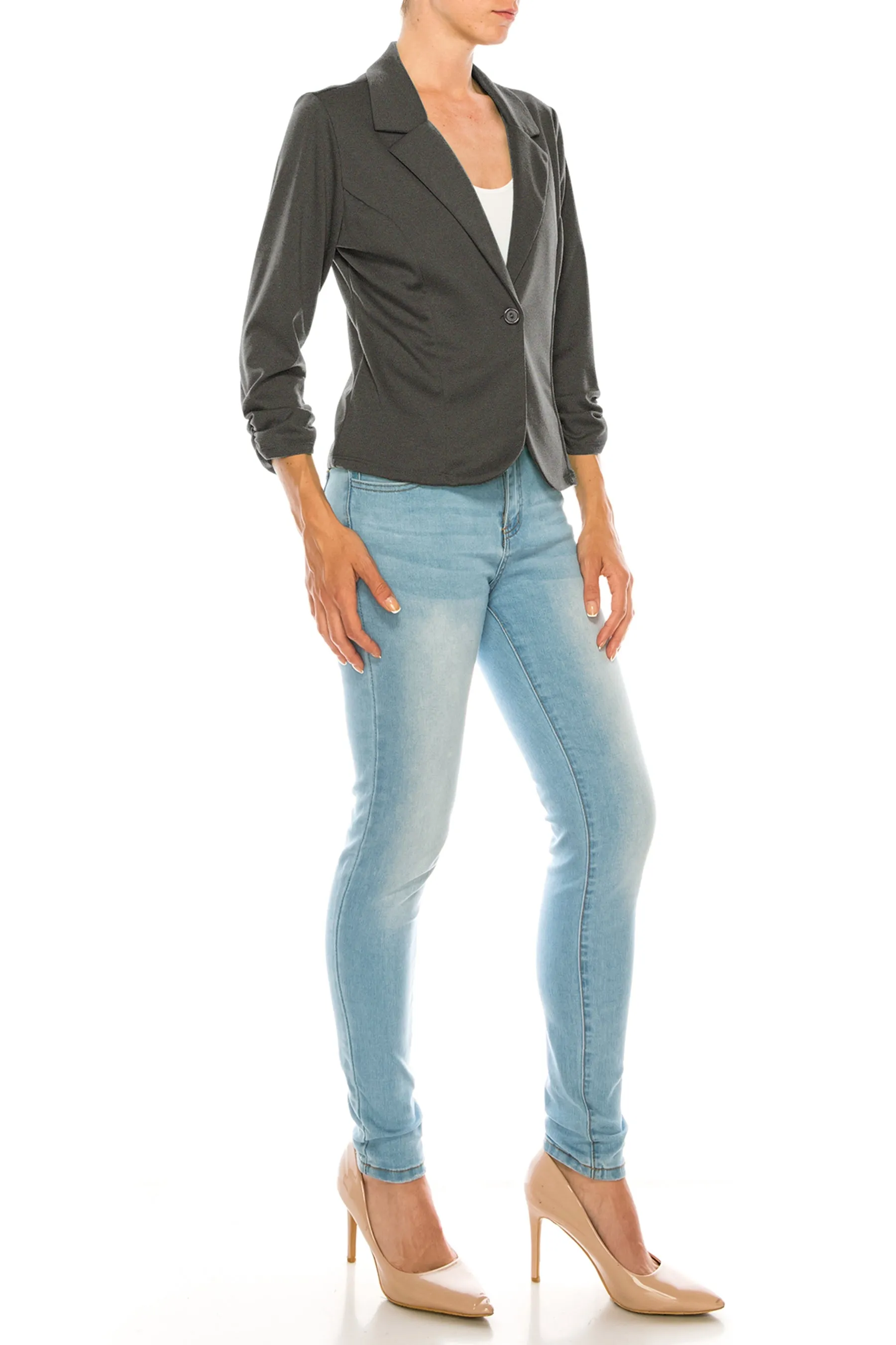 Fitted Solid Blazer with Button Closure and Ruched Sleeves V712 $11Each