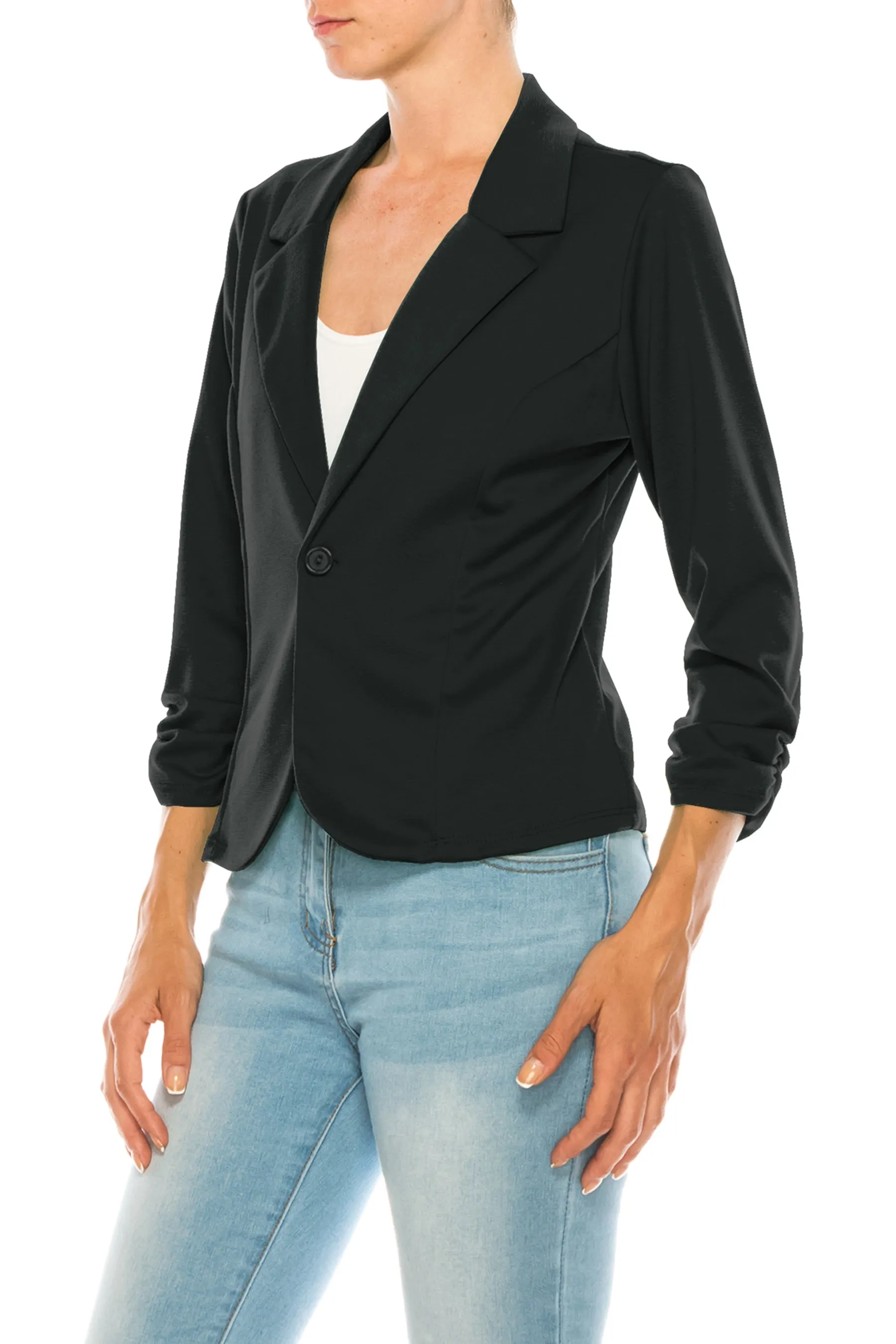 Fitted Solid Blazer with Button Closure and Ruched Sleeves V712 $11Each