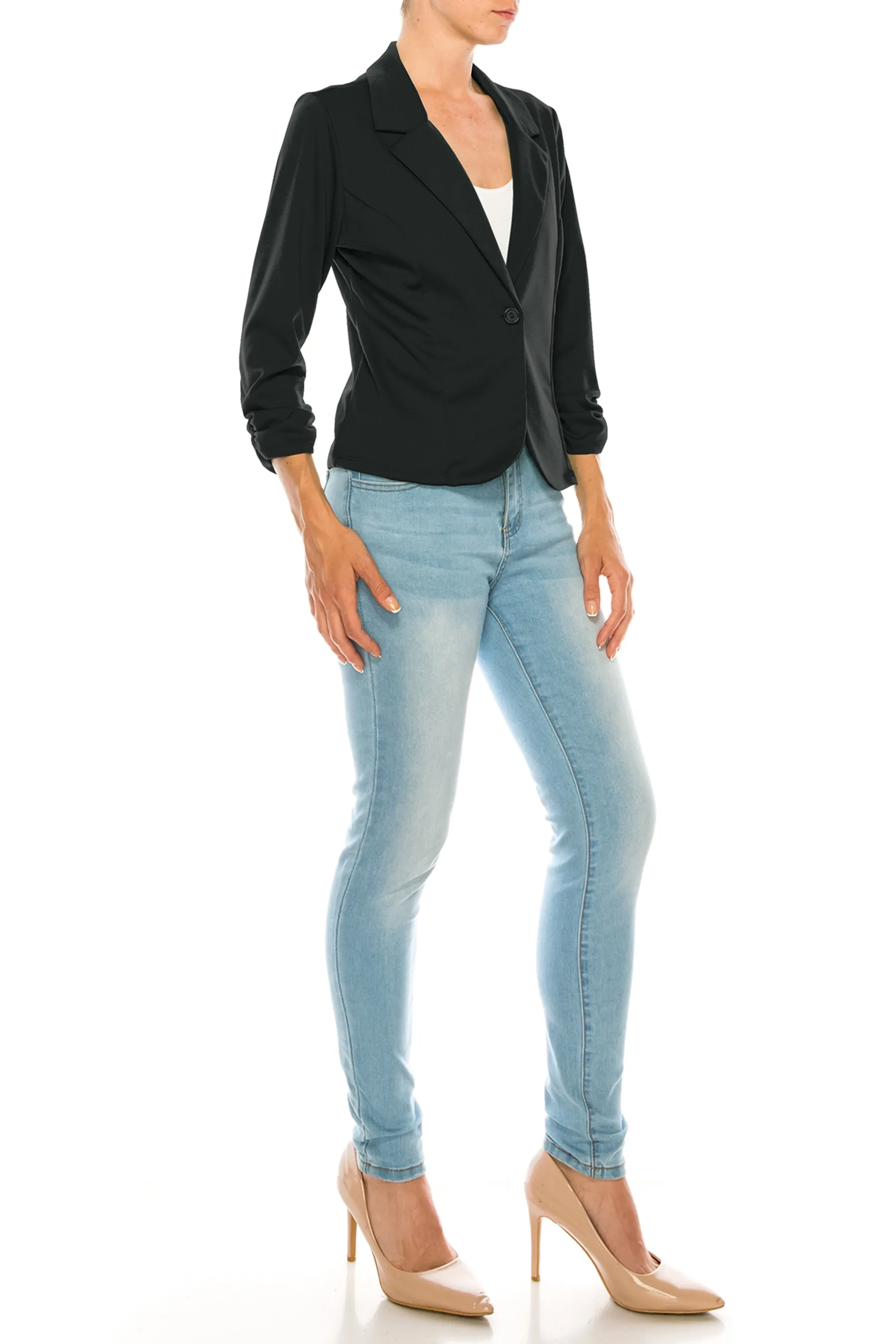 Fitted Solid Blazer with Button Closure and Ruched Sleeves V712 $11Each